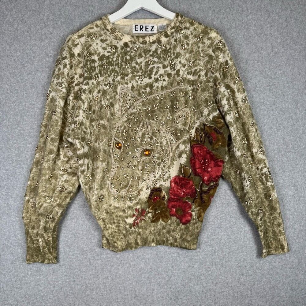 Erez Women Small Grey Brown Lambs Wool Angora Hair Pullover Sweater Animal Print